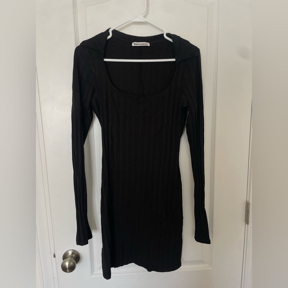Reformation Black Ribbed Long Sleeve Dress